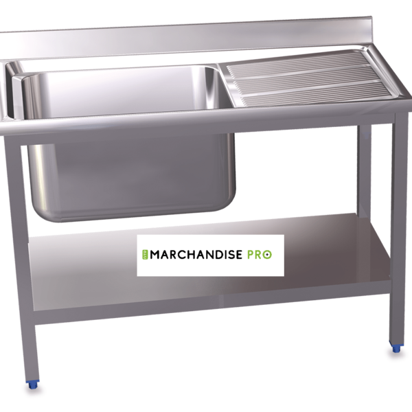 Plonge en Inox sur pied avec étagère basse - 1 Bac & égouttoir DROIT